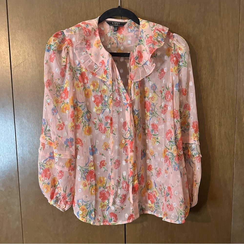 Lipsy Button-Front Multicolour Metallic Floral Top Boho Cottagecore Size 10 - Picture 4 of 14